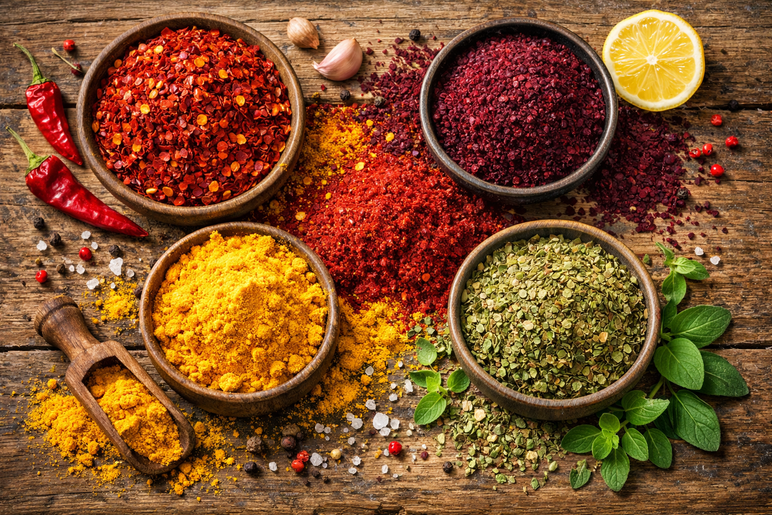 Ahşap zemin üzerinde renkli baharatlar: pul biber, zerdeçal, sumak ve kekik