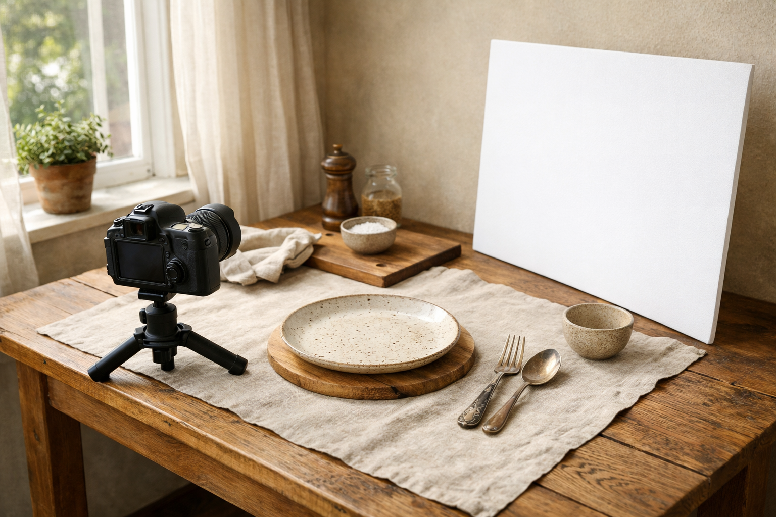 Pencere kenarında sade ve sıcak bir ev stüdyosu kurulumu