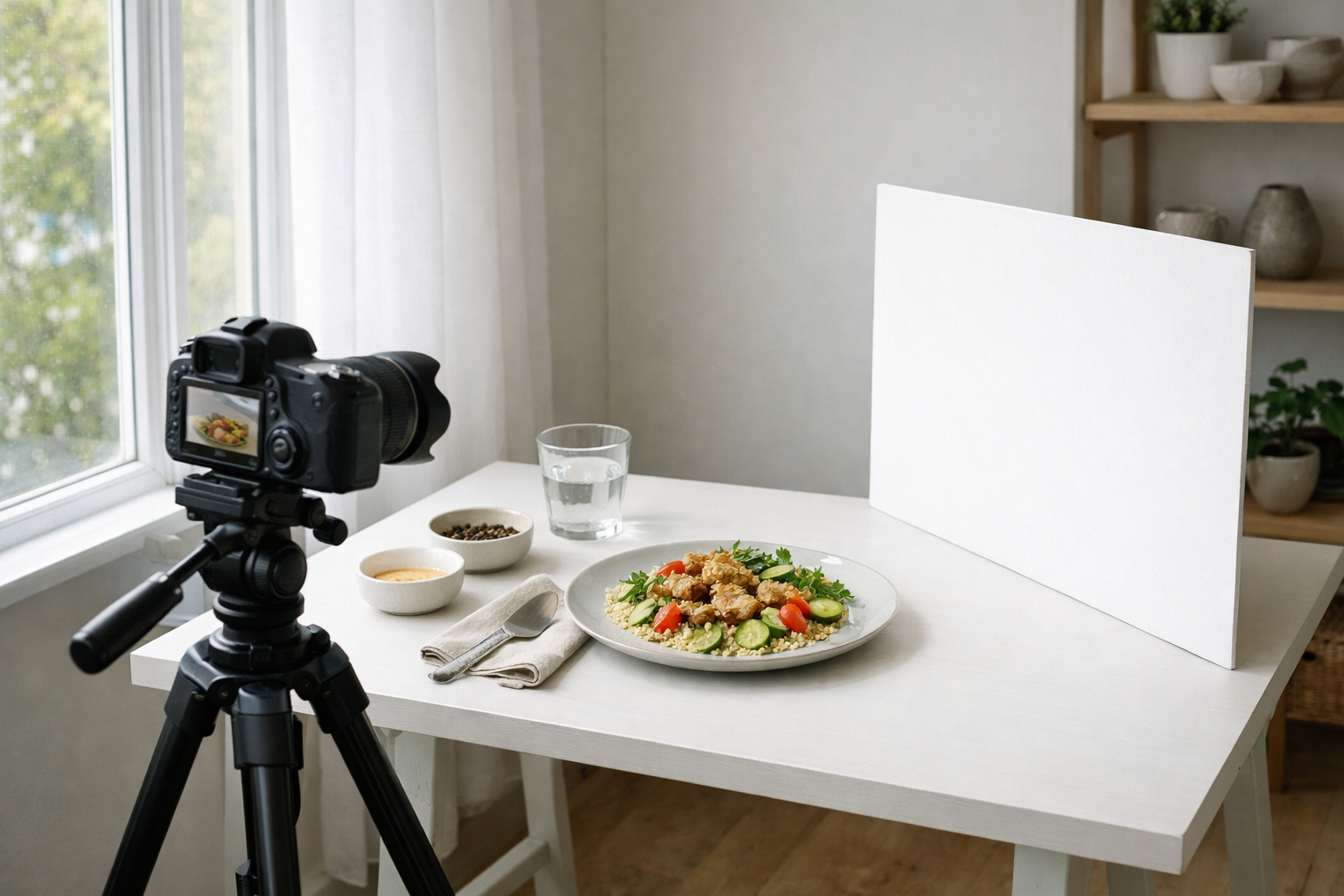 Pencere kenarında doğal ışıkla aydınlatılmış yemek çekimi alanı