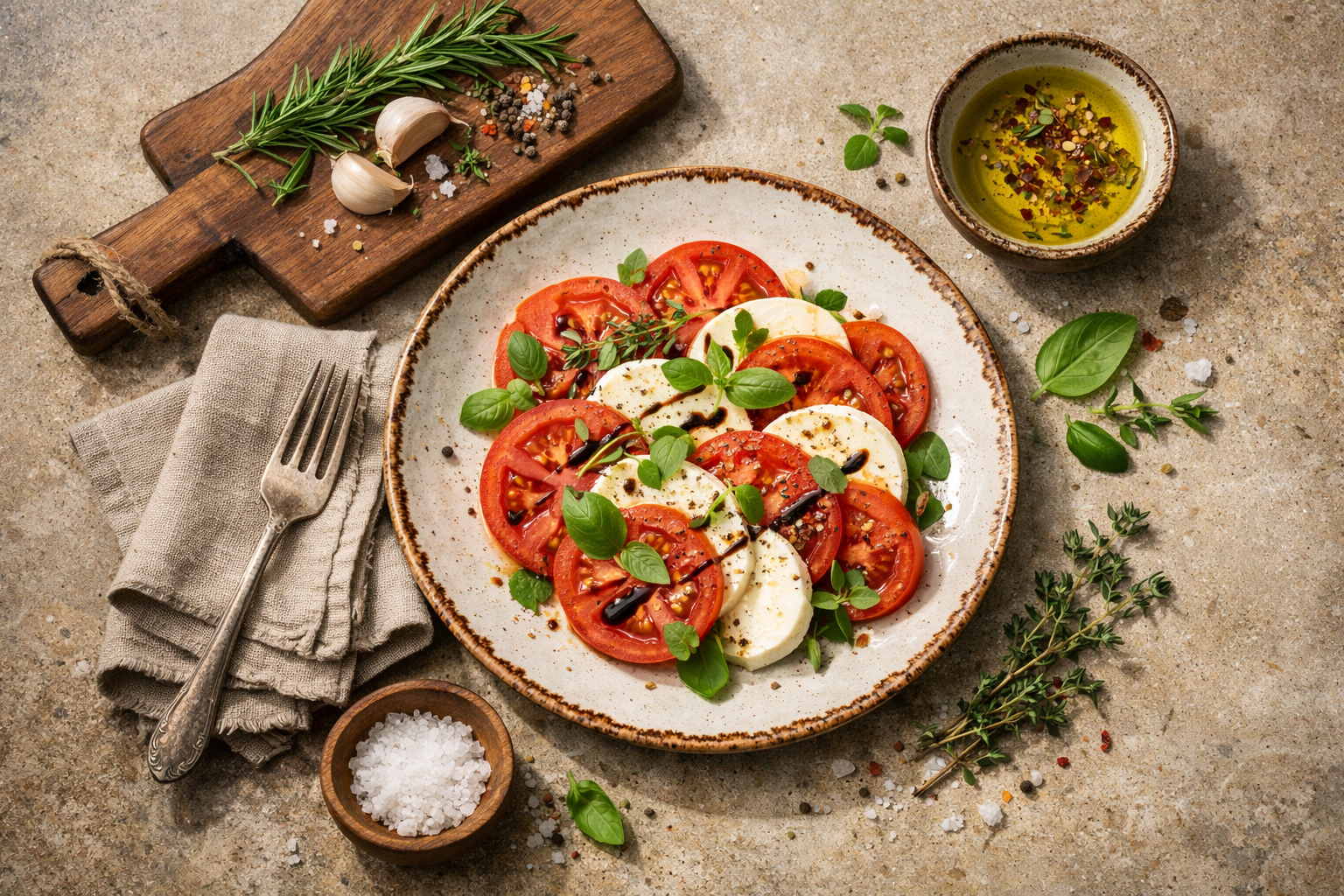 Ahşap kesme tahtası, keten peçete ve seramik tabak ile kurulmuş sahne düzeni