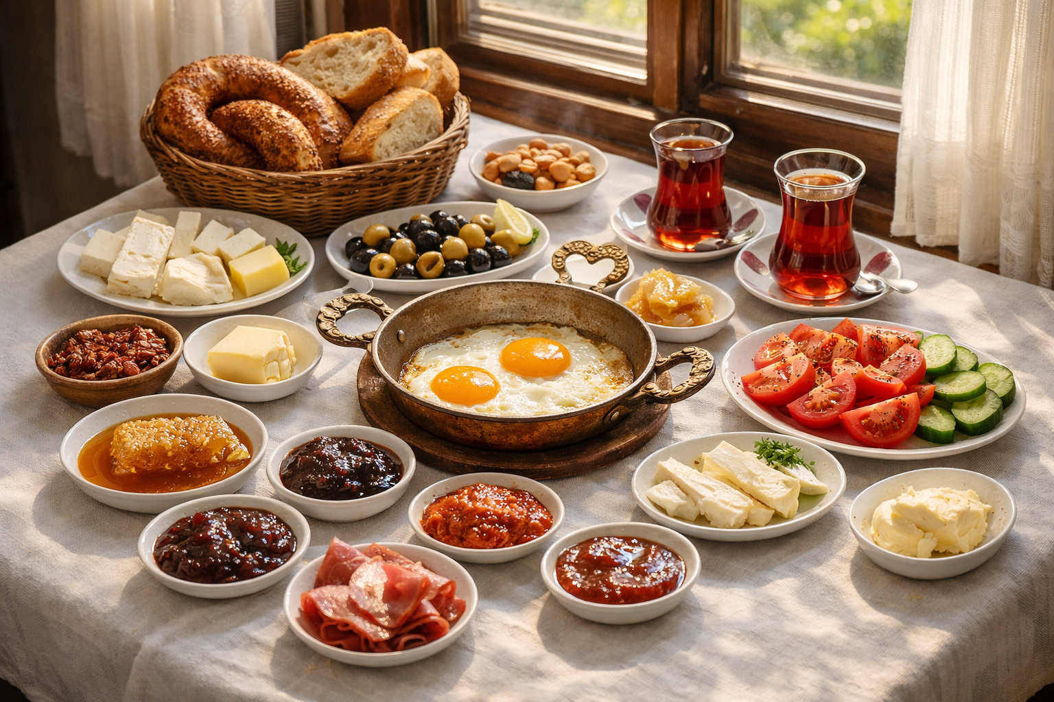 Pencere kenarında kurulmuş serpme kahvaltı sofrası