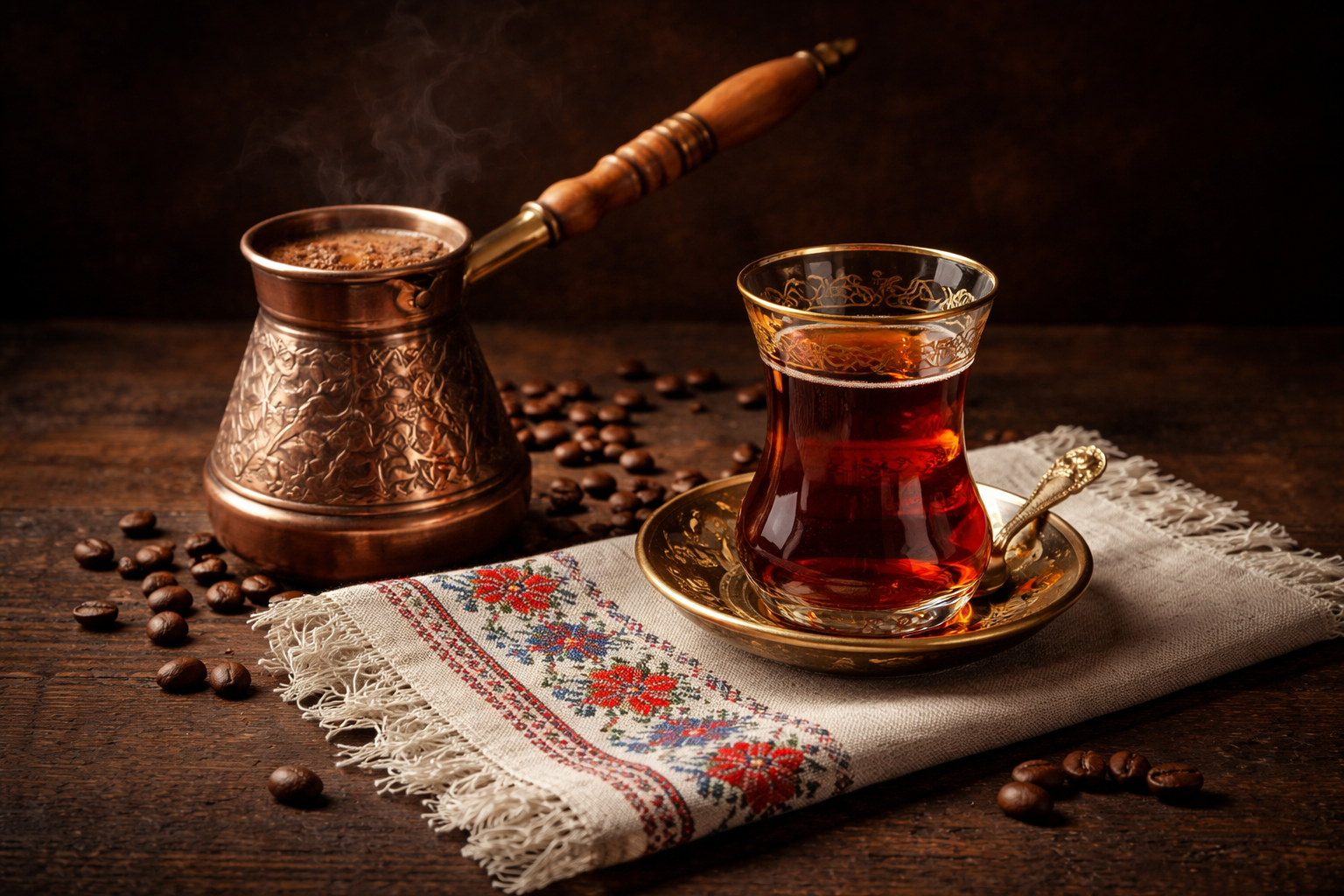 Bakır cezve, çay bardağı ve el dokuması peçete ile Türk mutfağı sahne unsurları