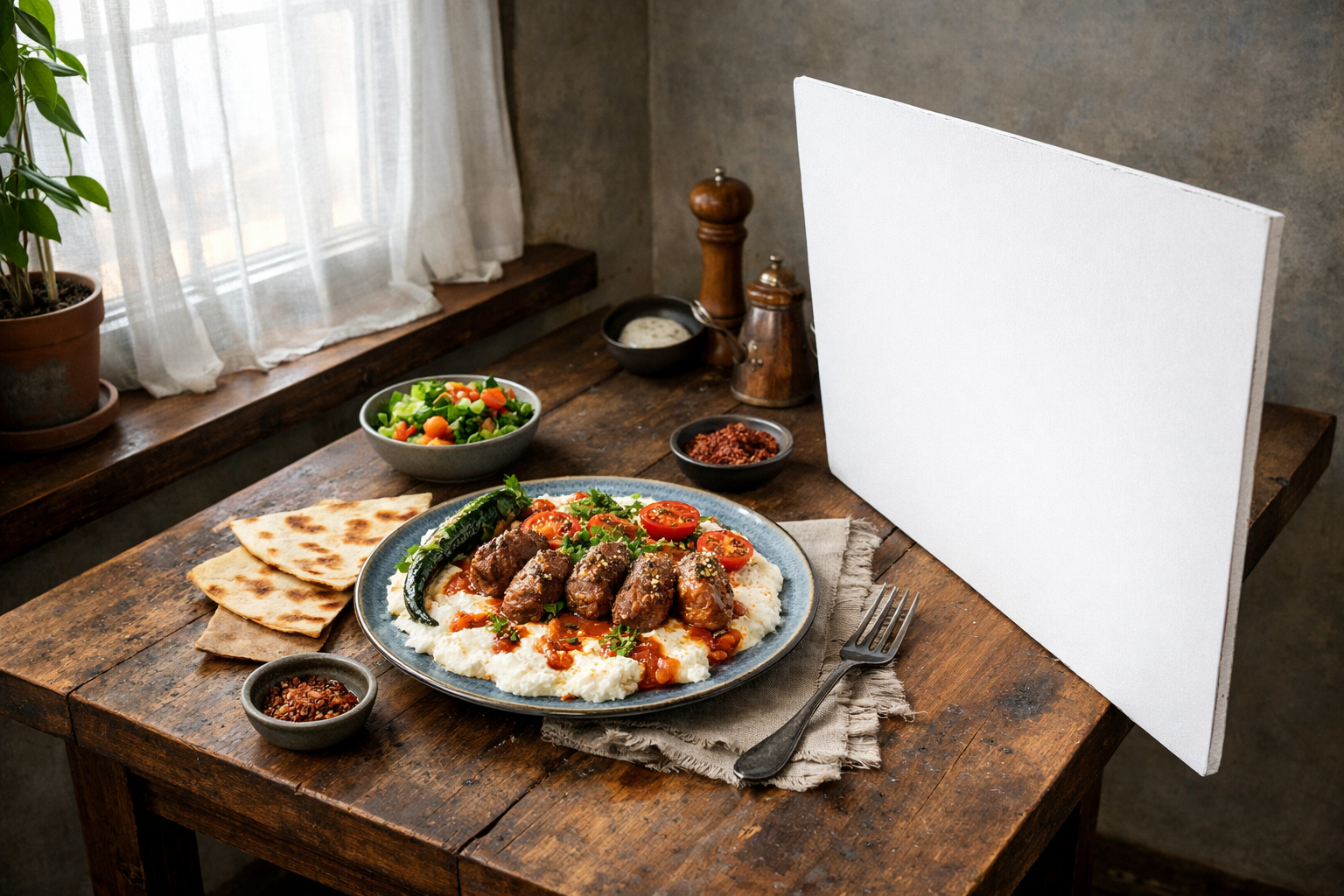 Pencere kenarında beyaz karton yansıtıcı ile kurulmuş yemek çekimi sahnesi